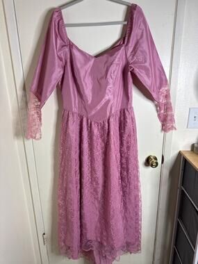 Vintage 80s Mauve Lace Prom Dress Basque Waist Puff Sleeve High Low Maxi L